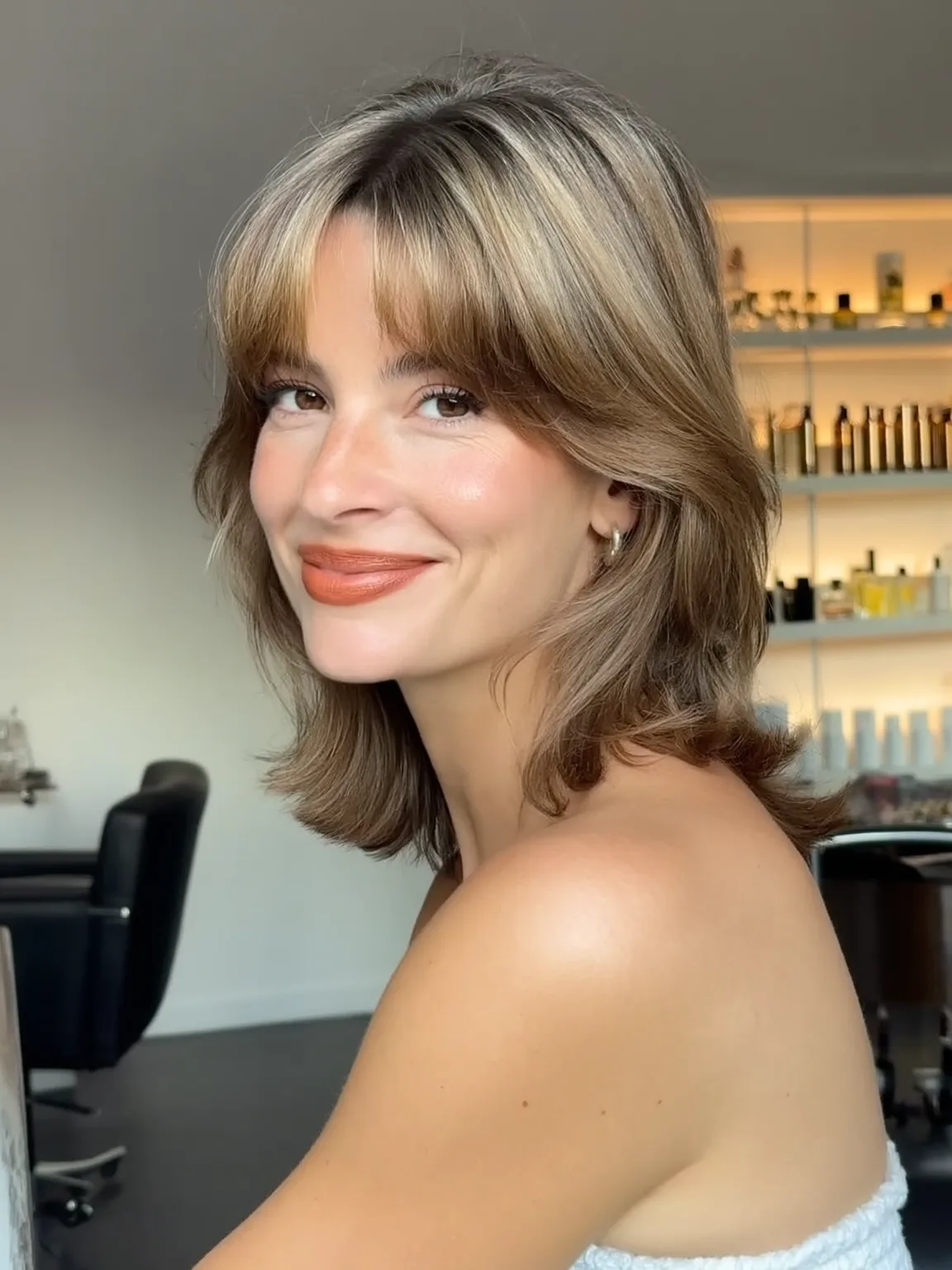 Shoulder-Length Layered Shag in Soft Caramel Bronde